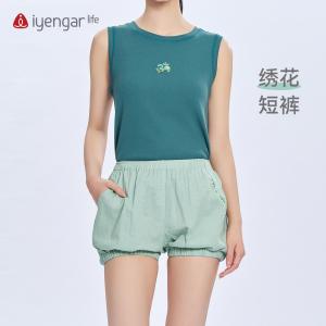 C2132瑜伽女款绣花短裤 亚麻灯笼短裤  轻薄透气精致刺绣 纯色短裤